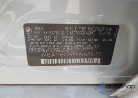 2008 BMW 335 I from USA, damaged, VIN WBAVB77558NH78173